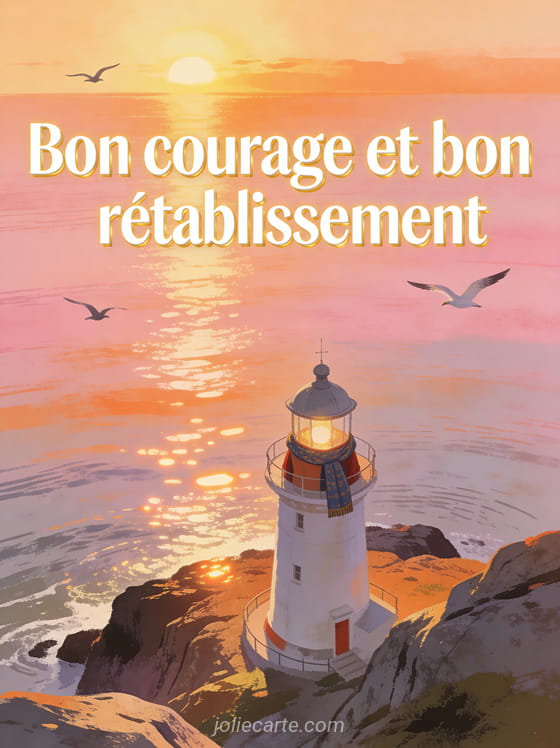 Phare sur une côte rocheuse baignée de lumière dorée au lever du soleil avec mer calme et oiseaux marins avec le texte Bon courage et bon rétablissement