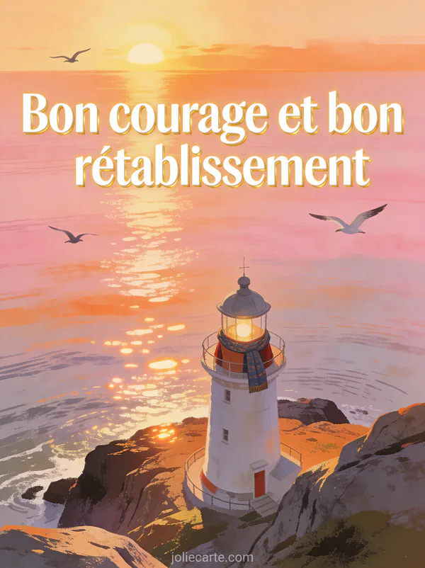 Phare sur une côte rocheuse baignée de lumière dorée au lever du soleil avec mer calme et oiseaux marins avec le texte Bon courage et bon rétablissement