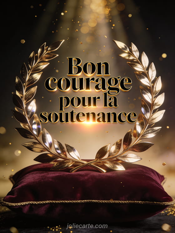 Couronne de laurier dorée sur coussin de velours bordeaux avec particules dorées et effet bokeh avec le texte Bon courage pour la soutenance