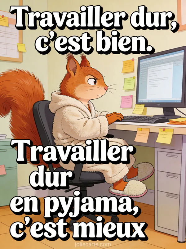 Écureuil roux en peignoir assis dans un fauteuil de bureau avec des pantoufles regardant un écran avec un air concentré et des post-it partout