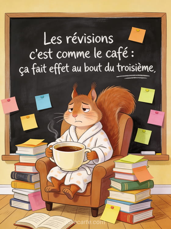 Écureuil en peignoir dans un fauteuil avec une tasse de café géante et des livres empilés avec le texte Les révisions c'est comme le café