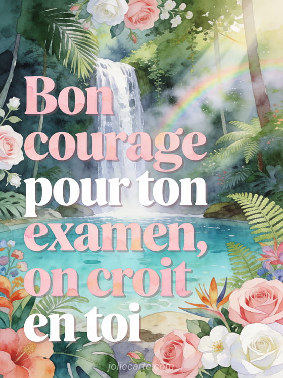 Cascade dans une forêt tropicale luxuriante avec bassin turquoise, fleurs exotiques et arc-en-ciel avec le texte Bon courage pour ton examen