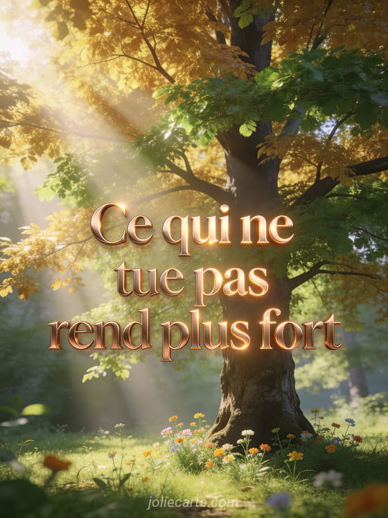 Arbre majestueux aux feuilles dorées et vertes dans une clairière ensoleillée avec rayons de lumière et petites fleurs sauvages avec le texte Ce qui ne tue pas rend plus fort