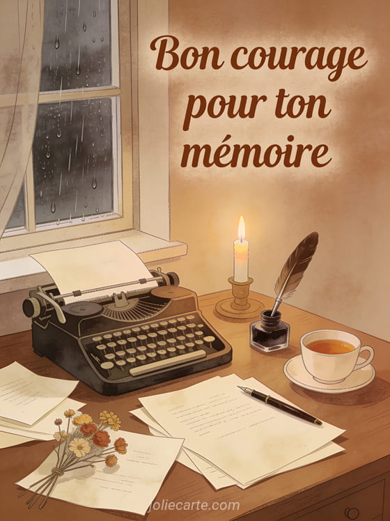 Bureau d'écrivain avec machine à écrire ancienne, stylo plume, tasse de thé et bouquet de fleurs séchées sous la pluie avec le texte Bon courage