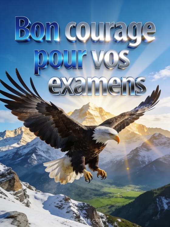 Aigle royal en plein vol au-dessus de montagnes enneigées sous un ciel bleu avec rayons de soleil dorés avec le texte Bon courage pour vos examens