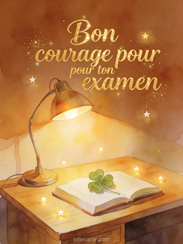 Bureau en bois avec lampe à lumière chaude, trèfle à quatre feuilles sur un livre ouvert et petites étoiles lumineuses en illustration aquarelle avec le texte Bon courage pour ton examen