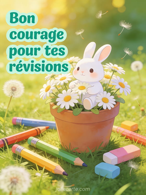 Adorable lapin blanc dans un pot de fleurs géant rempli de marguerites entouré de crayons de couleur dans une prairie verte avec le texte Bon courage