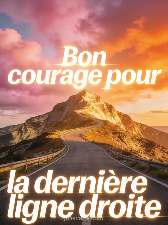 Route qui monte vers un sommet de montagne baigné de lumière dorée avec ciel spectaculaire rose et orangé et le texte Bon courage pour la dernière ligne droite