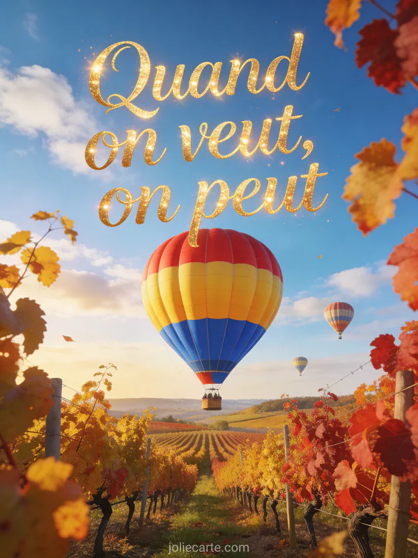 Montgolfière colorée s'élevant au-dessus de vignobles d'automne aux feuilles dorées sous un ciel bleu avec le texte Quand on veut on peut