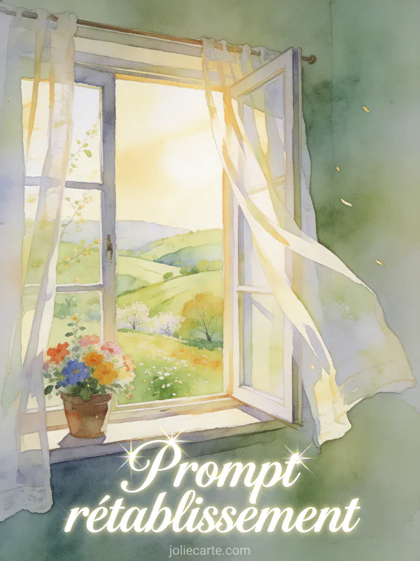 Fenêtre ouverte sur un paysage vallonné verdoyant au printemps avec rideaux légers et pot de fleurs colorées sur le rebord en illustration aquarelle