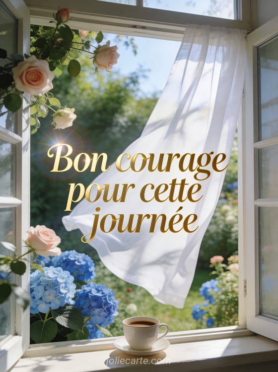 Fenêtre ouverte sur un jardin fleuri avec roses et hortensias bleus, rideaux blancs flottants et tasse de café sur le rebord avec le texte Bon courage pour cette journée