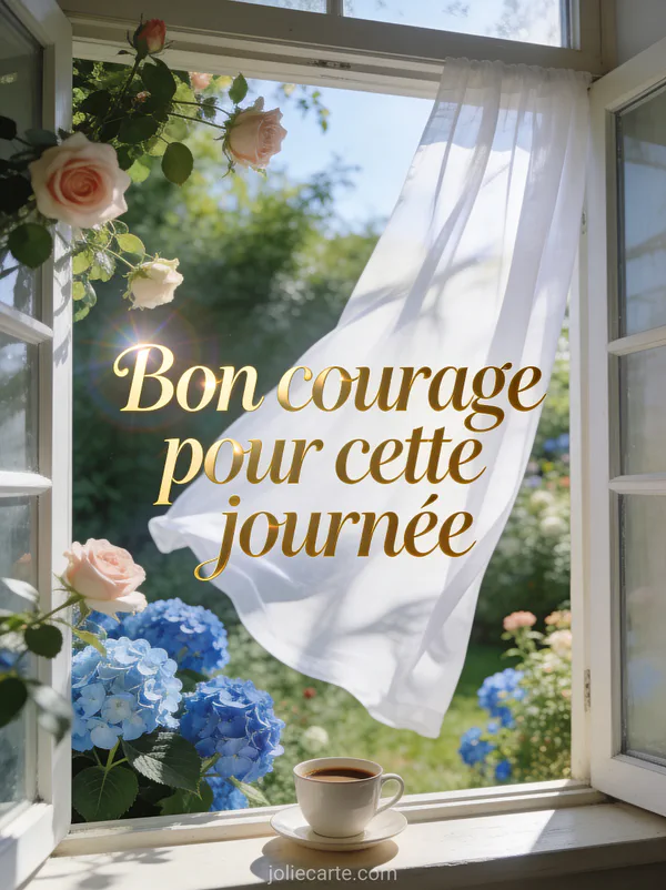 Fenêtre ouverte sur un jardin fleuri avec roses et hortensias bleus, rideaux blancs flottants et tasse de café sur le rebord avec le texte Bon courage pour cette journée