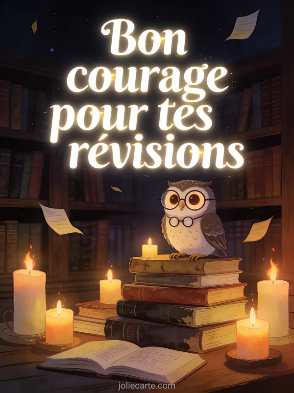 Chouette avec lunettes rondes perchée sur une pile de vieux livres entourée de bougies dans une bibliothèque avec le texte Bon courage pour tes révisions