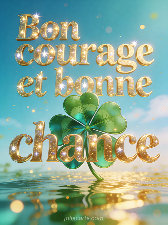 Trèfle à quatre feuilles vert émeraude sur fond de ciel bleu avec reflets dorés et particules lumineuses et le texte Bon courage et bonne chance