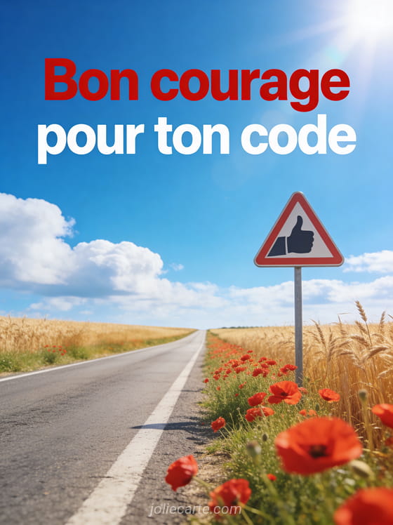 Route de campagne droite vers l'horizon bordée de blé doré et coquelicots avec un panneau pouce levé et le texte Bon courage pour ton code