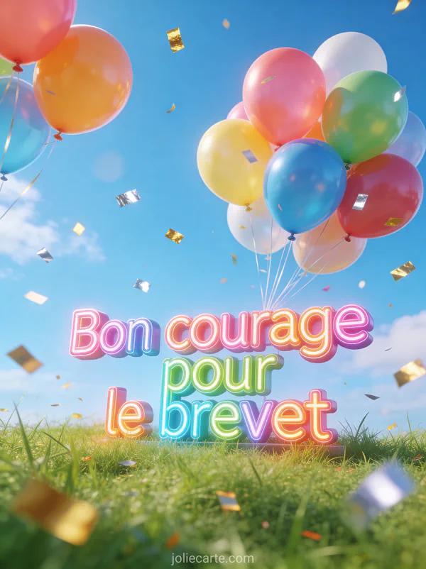 Ciel bleu lumineux avec ballons multicolores qui s'envolent, confettis dorés et argentés et herbe verte fraîche avec le texte Bon courage pour le brevet