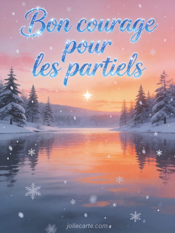 Lac de montagne au crépuscule avec sapins enneigés, reflets roses et première étoile du soir avec flocons de neige et le texte Bon courage pour les partiels