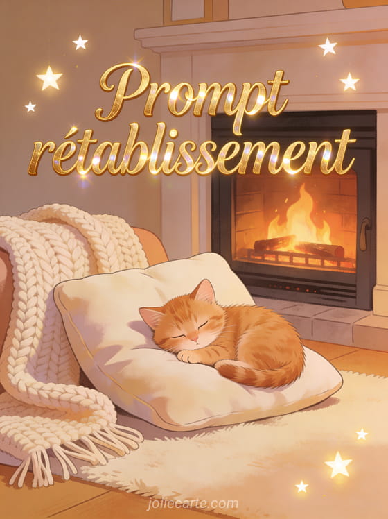 Chaton roux endormi paisiblement sur un coussin moelleux près d'une cheminée avec plaid tricoté et petites étoiles lumineuses avec le texte Prompt rétablissement