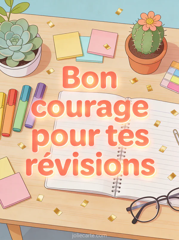 Bureau vu du dessus avec surligneurs colorés, post-it pastel, cahier ouvert, plante succulente et lunettes sur fond de bois clair avec le texte Bon courage