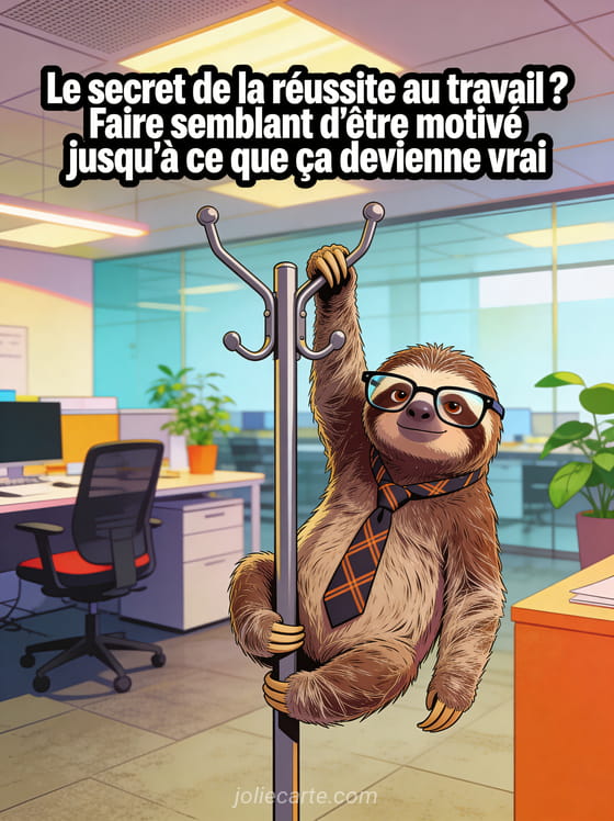 Paresseux accroché à un portemanteau de bureau avec cravate de travers et lunettes, expression faussement sérieuse dans un open space