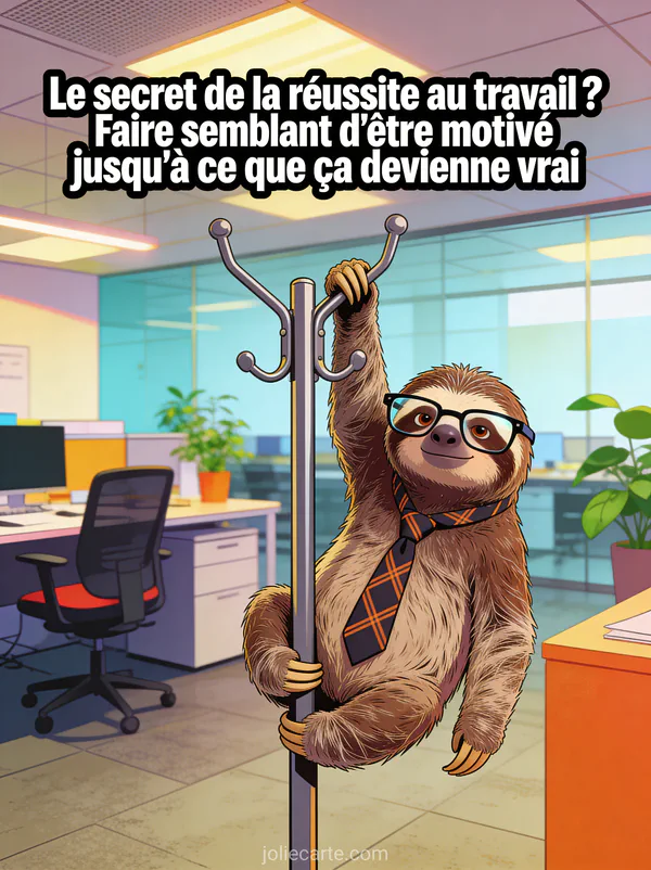 Paresseux accroché à un portemanteau de bureau avec cravate de travers et lunettes, expression faussement sérieuse dans un open space