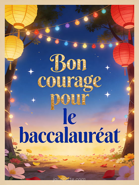 Guirlandes lumineuses et lampions colorés entre des arbres avec pétales de fleurs au sol et ciel étoilé avec le texte Bon courage pour le baccalauréat