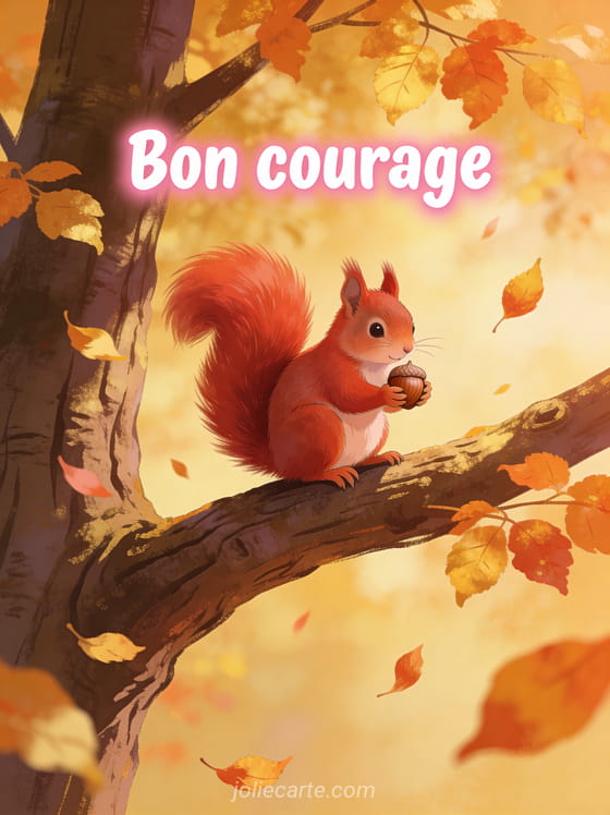 Petit écureuil roux tenant une noisette sur une branche d'arbre en automne avec feuilles dorées et orangées qui tombent et le texte Bon courage