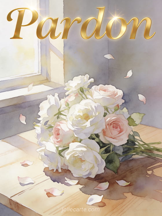 Bouquet de fleurs blanches et roses sur une table en bois avec le texte Pardon en lettres manuscrites dorées, style aquarelle