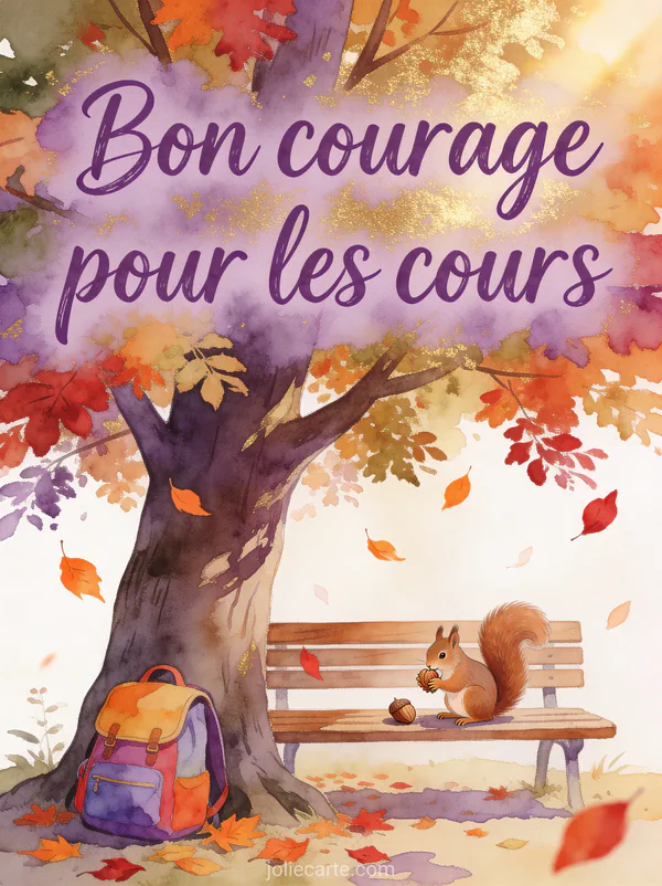 Sac à dos coloré au pied d'un grand arbre aux feuilles d'automne multicolores avec écureuil sur un banc et le texte Bon courage pour les cours