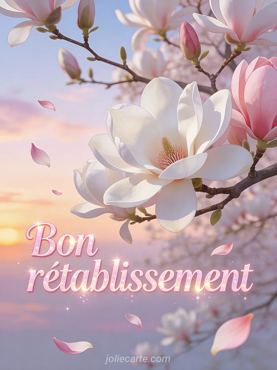 Magnolia en pleine floraison avec grandes fleurs blanches et roses, pétales qui tombent doucement sur fond de ciel pastel avec le texte Bon rétablissement