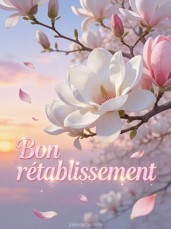 Magnolia en pleine floraison avec grandes fleurs blanches et roses, pétales qui tombent doucement sur fond de ciel pastel avec le texte Bon rétablissement