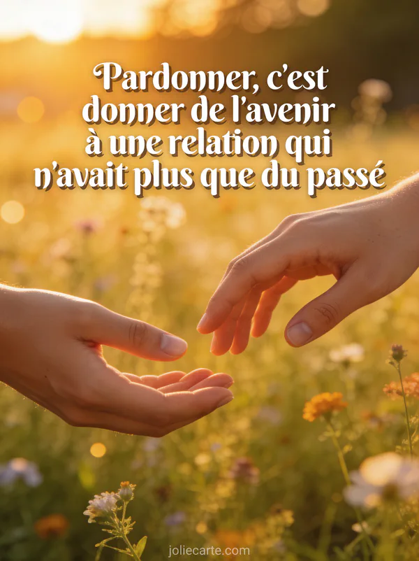 Deux mains qui se rapprochent dans une lumière dorée avec des fleurs sauvages et le texte d'une citation sur le pardon, style poétique