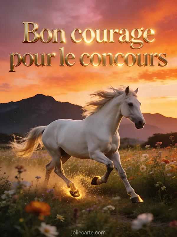 Cheval blanc galopant dans un champ de fleurs sauvages au coucher du soleil avec crinière au vent et montagnes au loin avec le texte Bon courage