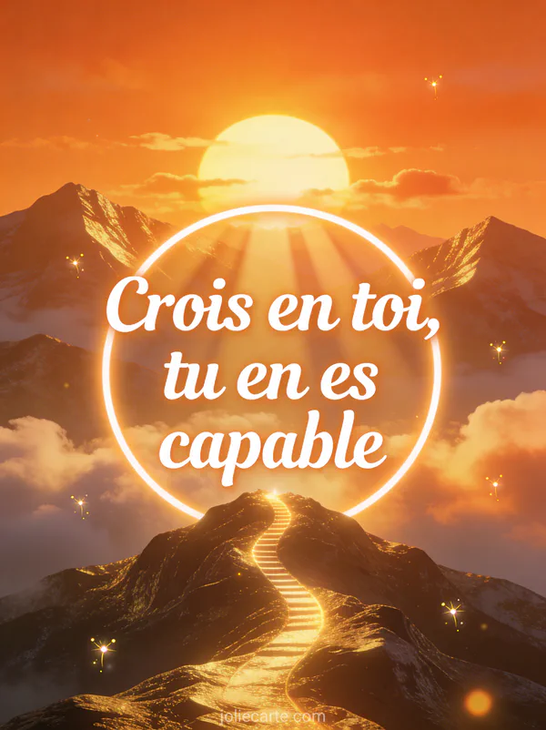 Lever de soleil au-dessus de montagnes avec rayons dorés qui percent les nuages et lucioles scintillantes avec le texte Crois en toi tu en es capable