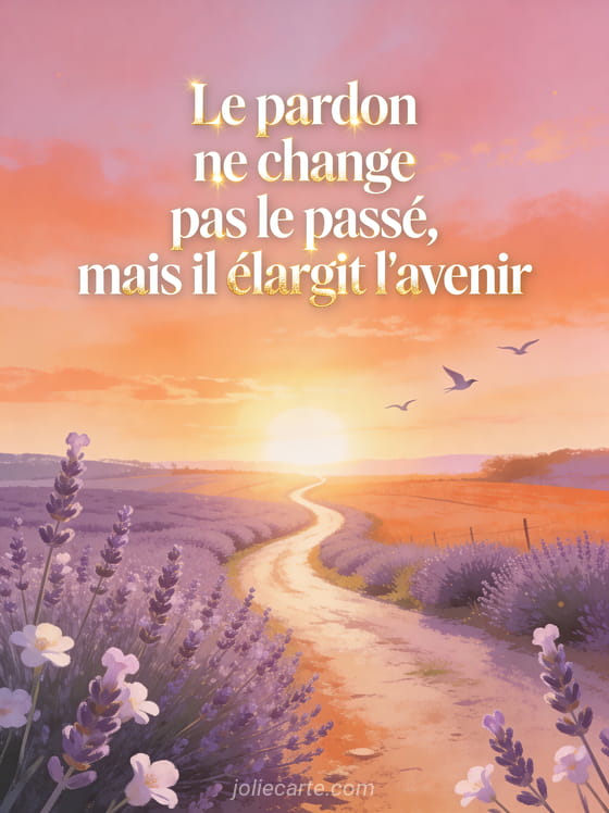 Chemin de campagne bordé de lavande menant vers un horizon lumineux au lever du soleil avec une citation sur le pardon