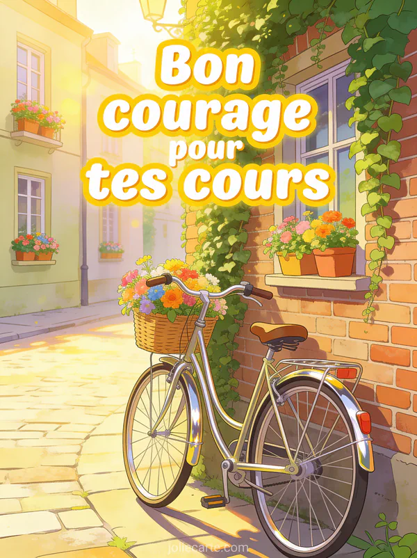Vélo vintage avec panier de fleurs colorées contre un mur de briques couvert de lierre dans une rue pavée ensoleillée avec le texte Bon courage