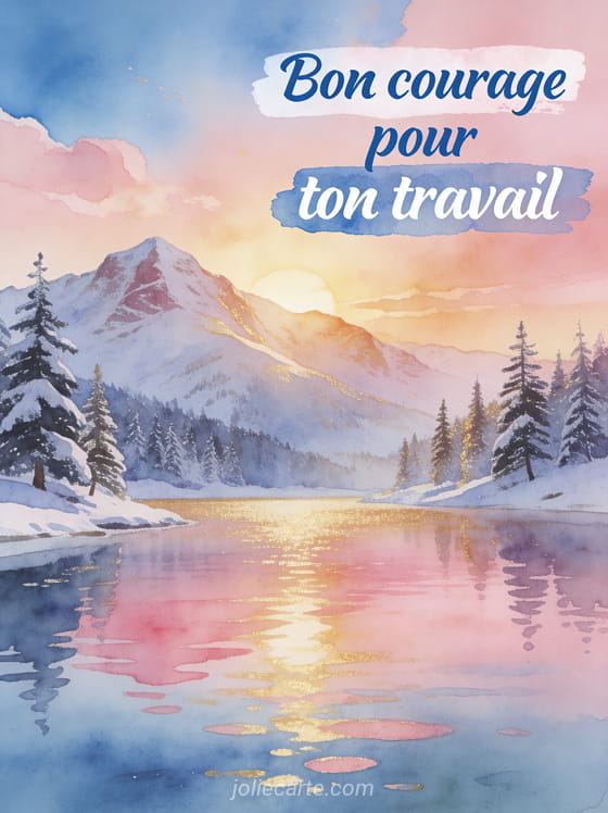 Paysage de montagne enneigée au lever du soleil avec lac calme au premier plan et reflets roses et dorés avec le texte Bon courage pour ton travail