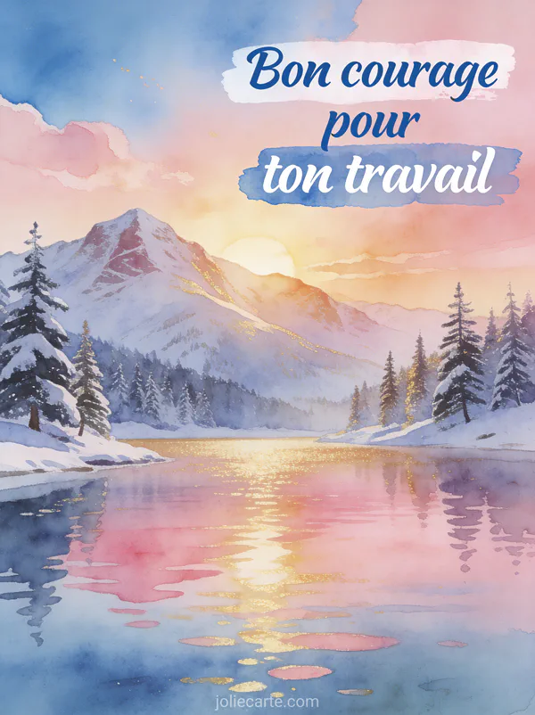 Paysage de montagne enneigée au lever du soleil avec lac calme au premier plan et reflets roses et dorés avec le texte Bon courage pour ton travail