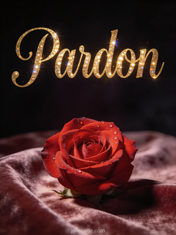 Rose rouge sur un tissu de velours avec le texte Pardon en lettres calligraphiées dorées, style photoréaliste