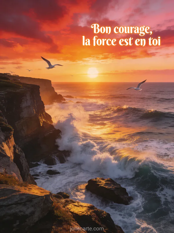 Lever de soleil spectaculaire sur l'océan vu depuis une falaise avec vagues puissantes et mouettes en vol avec le texte Bon courage la force est en toi