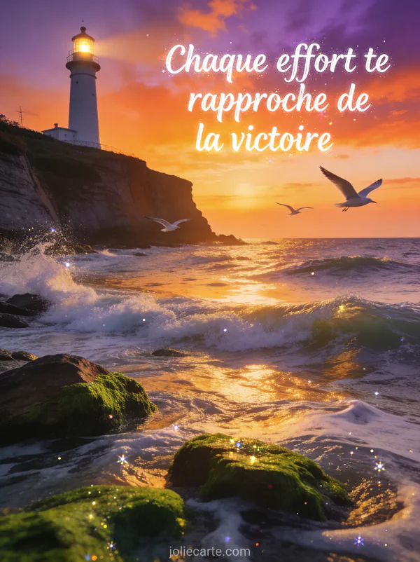 Phare illuminé sur une falaise au coucher du soleil avec mer agitée, mouettes et ciel orangé avec le texte Chaque effort te rapproche de la victoire