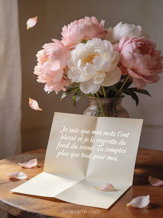 Lettre dépliée sur une table à côté d'un vase de pivoines roses et blanches avec un texte de pardon, style illustration douce