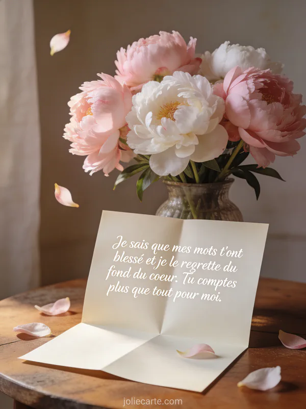 Lettre dépliée sur une table à côté d'un vase de pivoines roses et blanches avec un texte de pardon, style illustration douce