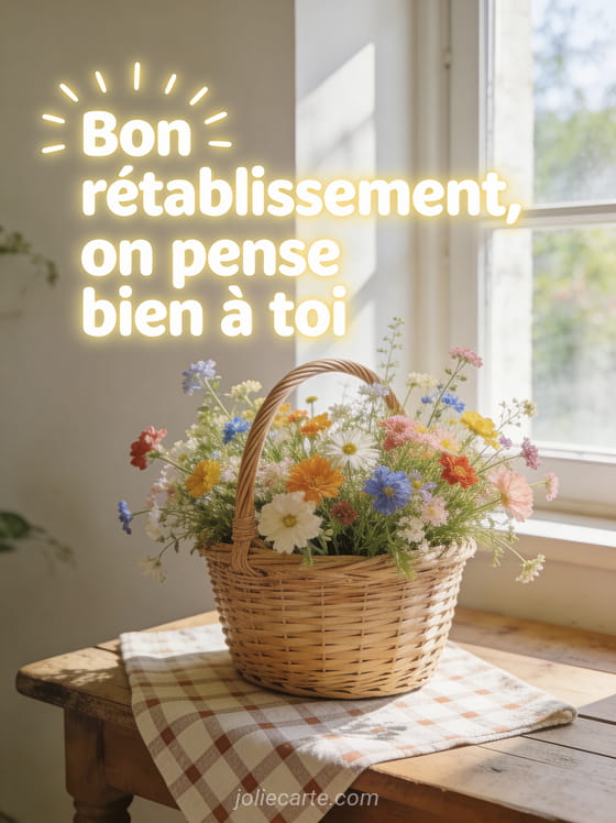 Panier en osier rempli de fleurs des champs colorées sur une table en bois rustique avec nappe à carreaux et lumière d'après-midi avec le texte Bon rétablissement