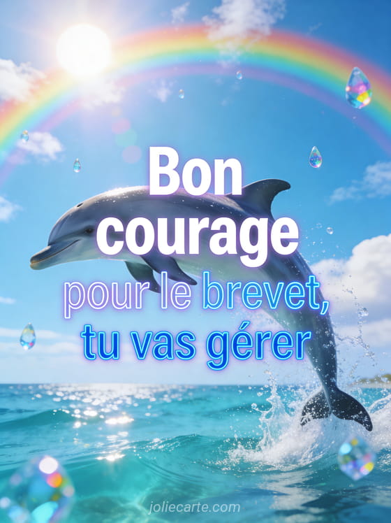 Dauphin bondissant hors d'une mer turquoise sous un arc-en-ciel avec éclaboussures cristallines et ciel bleu avec le texte Bon courage pour le brevet