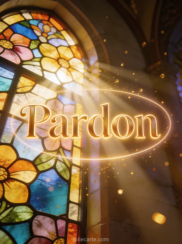 Vitrail coloré aux motifs floraux traversé par des rayons de soleil avec le texte Pardon en lettres dorées lumineuses