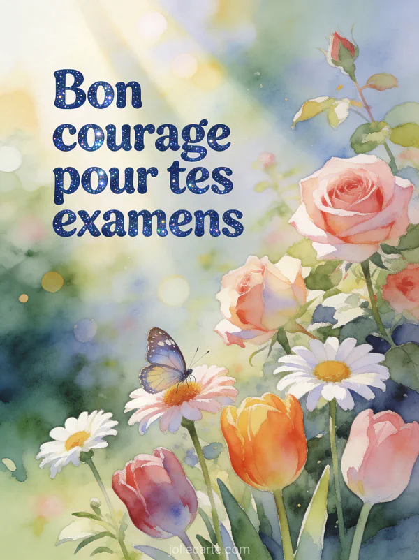 Jardin printanier avec fleurs colorées, papillon posé sur une fleur et lumière douce du matin en aquarelle avec le texte Bon courage pour tes examens