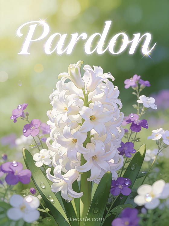 Jacinthe blanche en pleine floraison entourée de fleurs sauvages violettes avec le texte Pardon, style illustration botanique