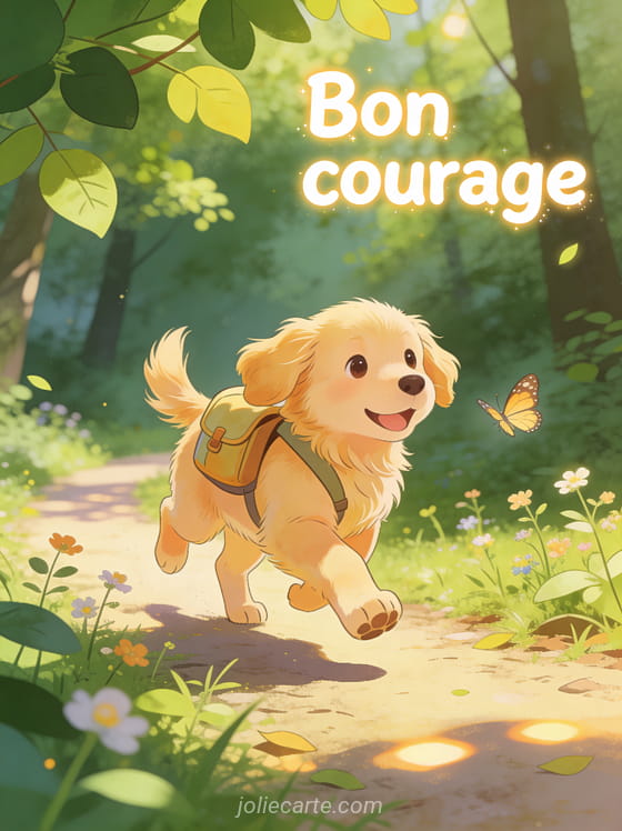 Petit chien golden retriever avec sac à dos miniature marchant joyeusement sur un sentier de forêt ensoleillée avec papillon et le texte Bon courage