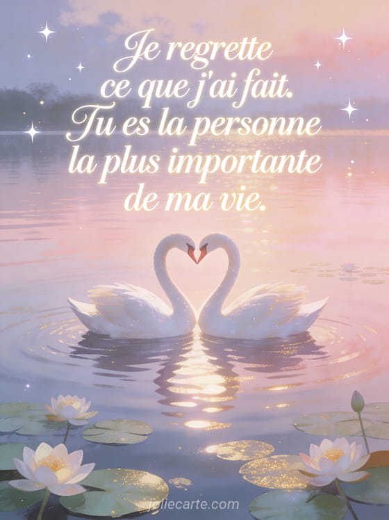 Deux cygnes formant un coeur sur un lac au crépuscule avec des nénuphars et le texte d'un message de pardon, style féérique